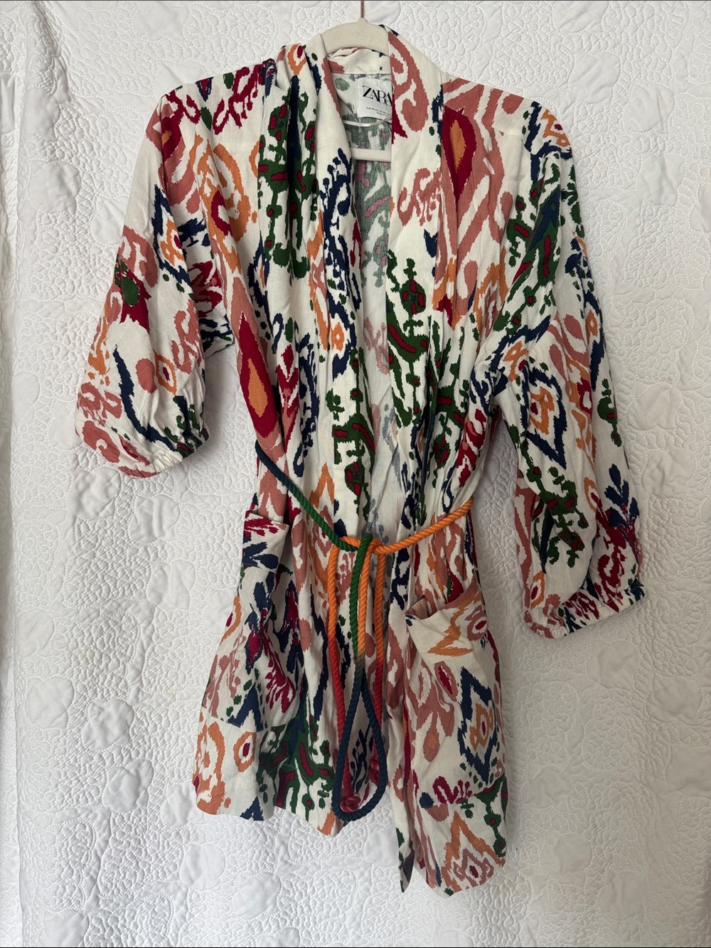 Zara White Multicolor Ikat Tie-Waist Kimono